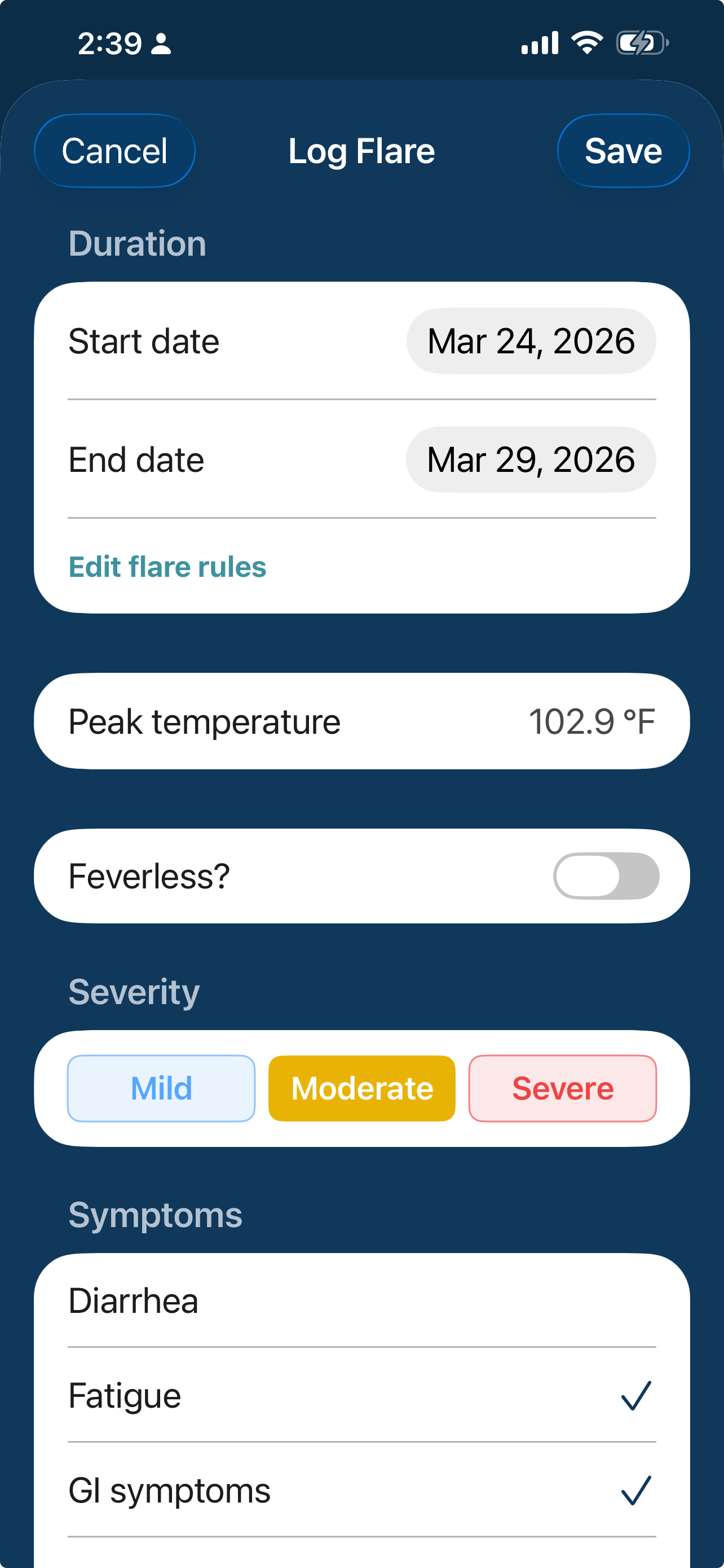 PFSTrack Log Flare screen showing duration, peak temperature, feverless status, severity, and symptoms