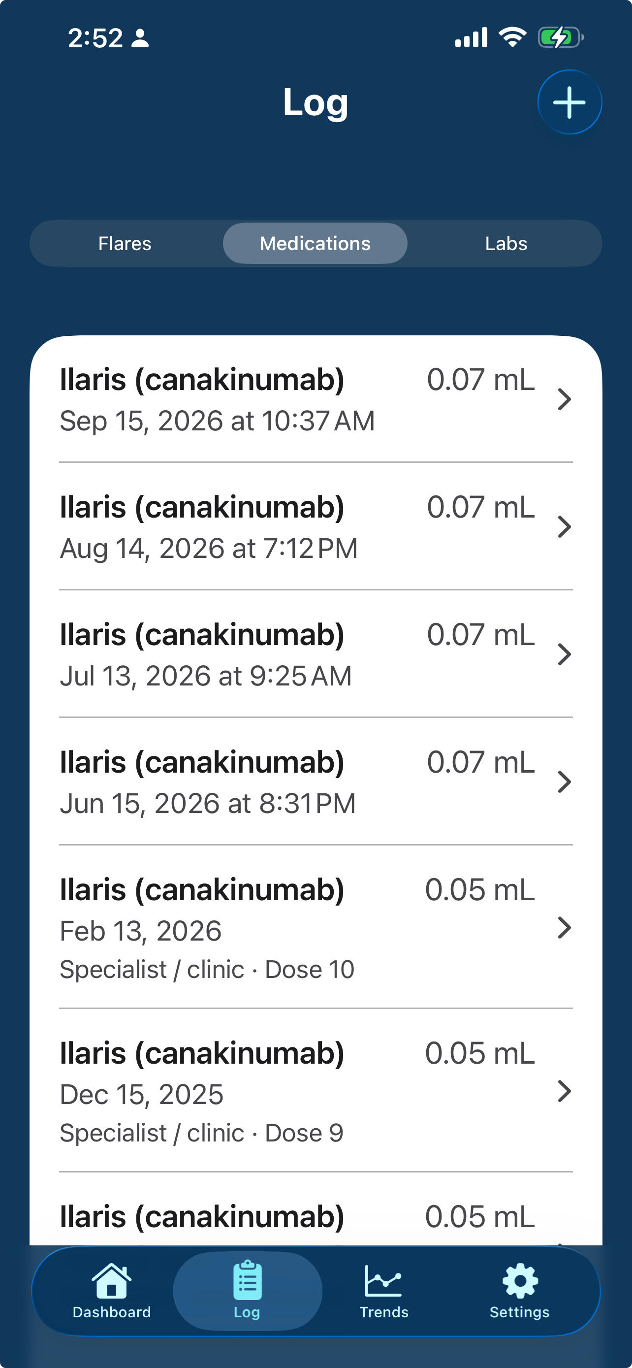 PFSTrack medication log showing doses over time