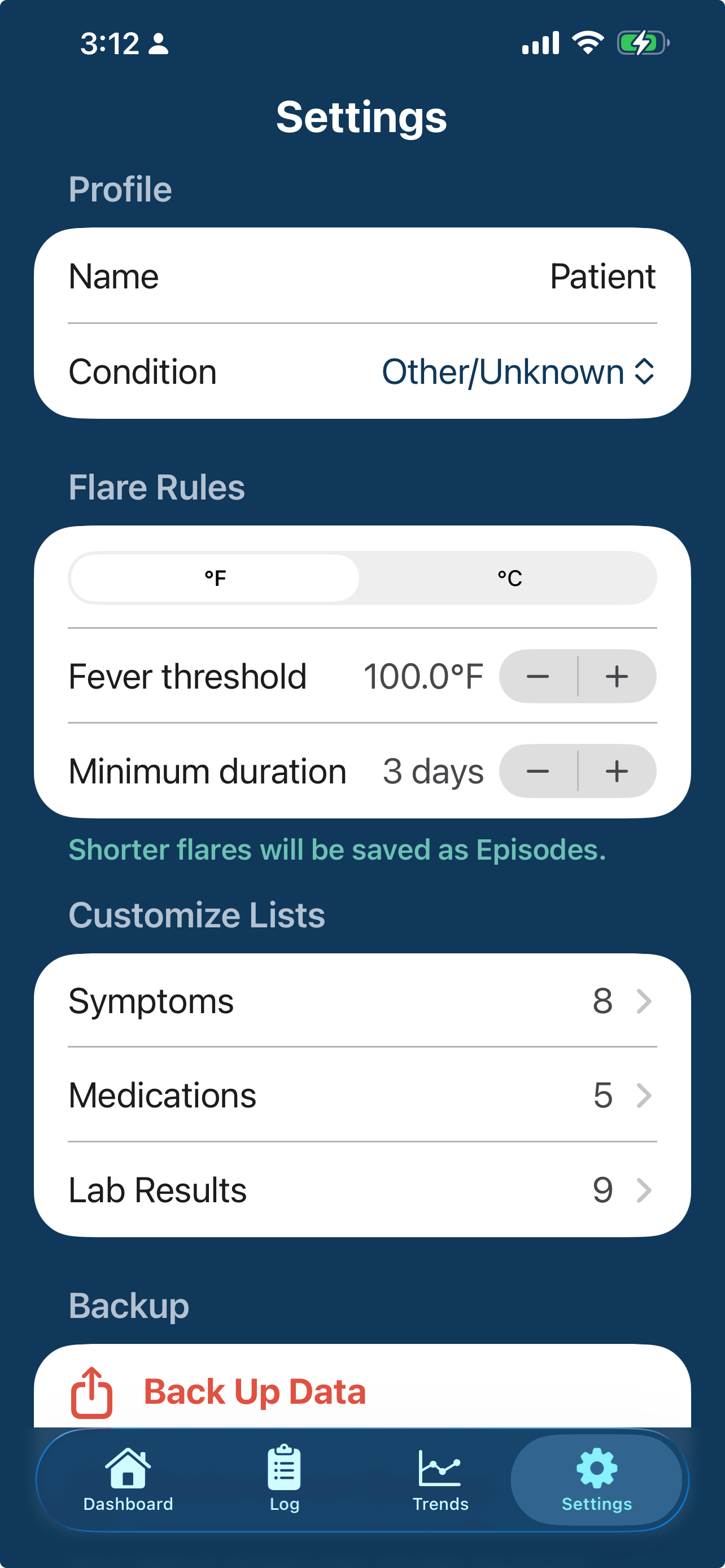 PFSTrack Settings screen showing customizable flare rules, symptoms, medications, and lab results