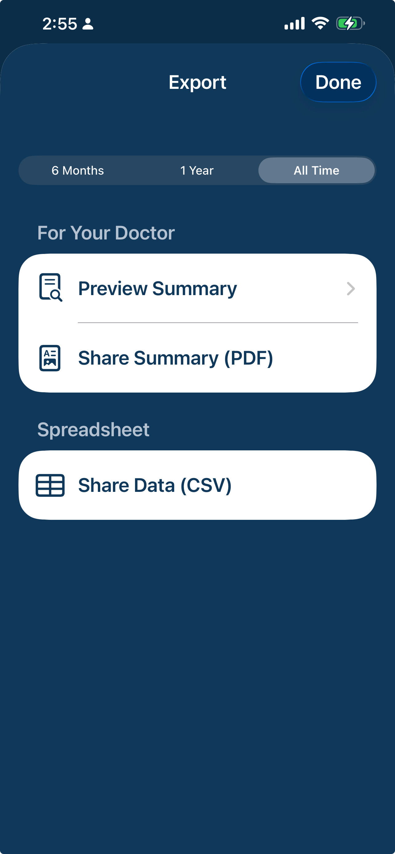 PFSTrack Share screen with options to preview or share a clinical summary